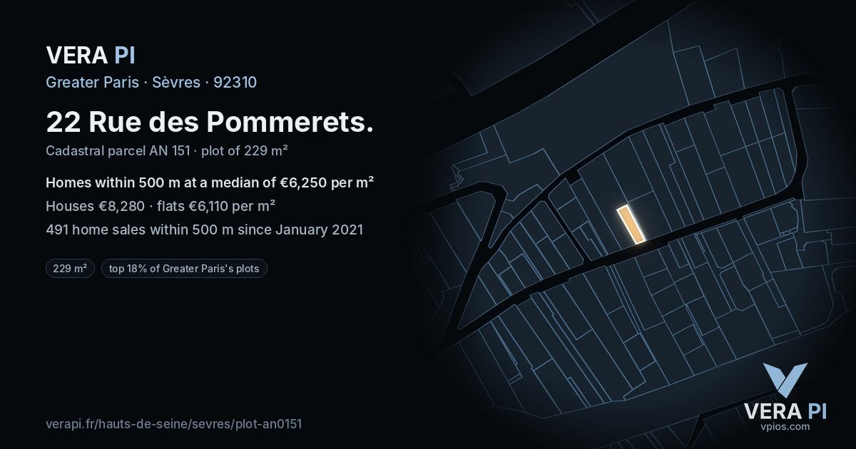 22 Rue des Pommerets, Sèvres at night – the plot lit, the parcels around coloured by the prices near them