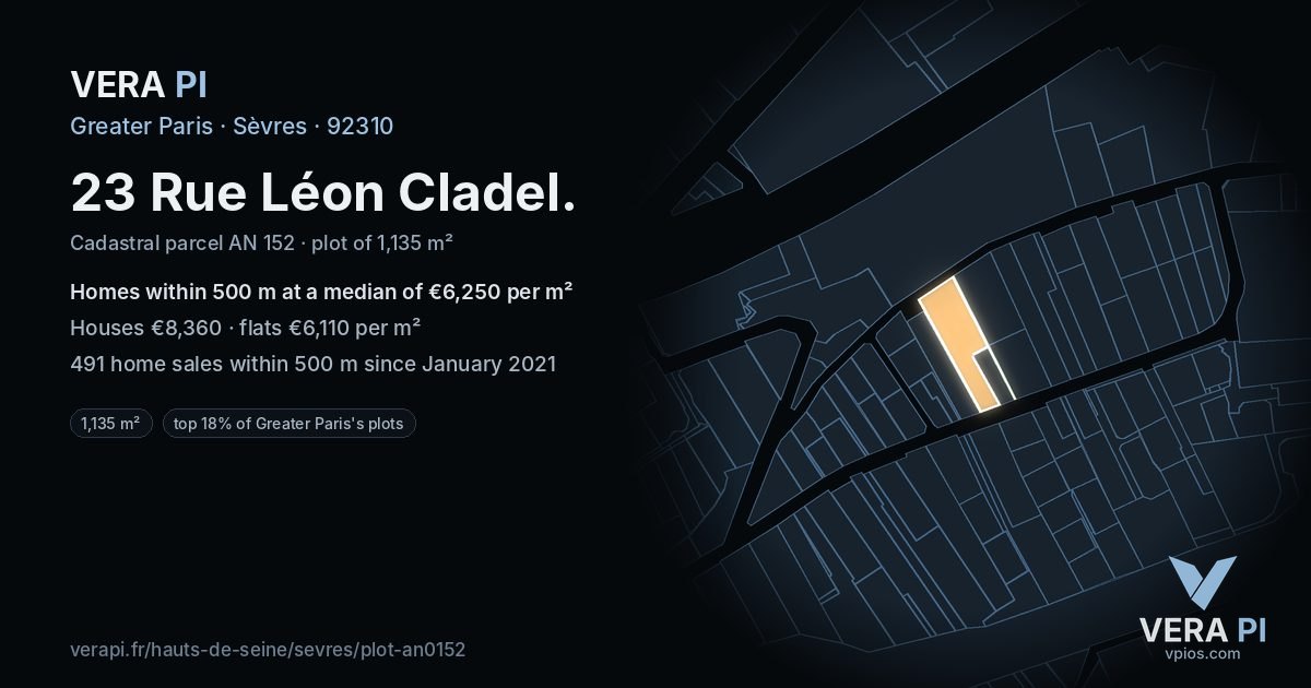 23 Rue Léon Cladel, Sèvres at night – the plot lit, the parcels around coloured by the prices near them