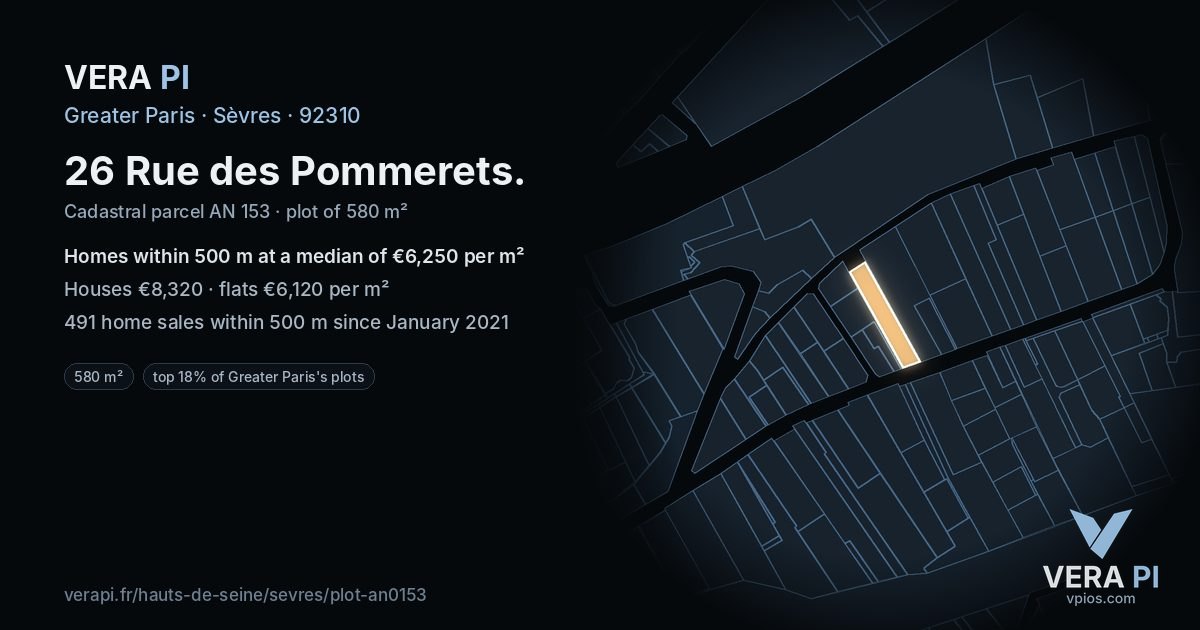 26 Rue des Pommerets, Sèvres at night – the plot lit, the parcels around coloured by the prices near them