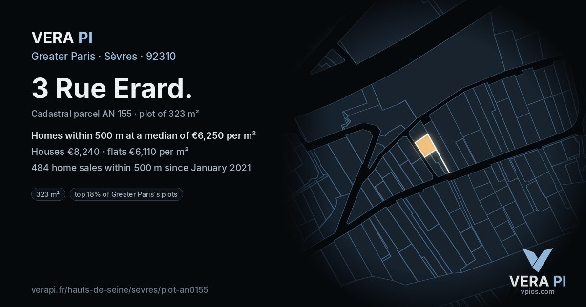 3 Rue Erard, Sèvres at night – the plot lit, the parcels around coloured by the prices near them