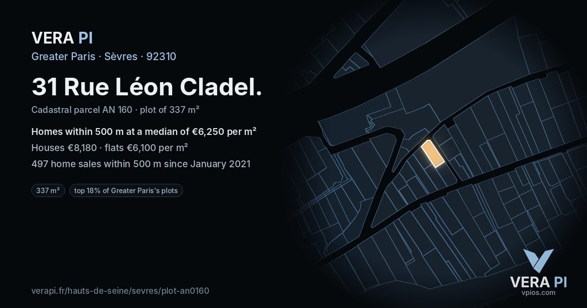 31 Rue Léon Cladel, Sèvres at night – the plot lit, the parcels around coloured by the prices near them