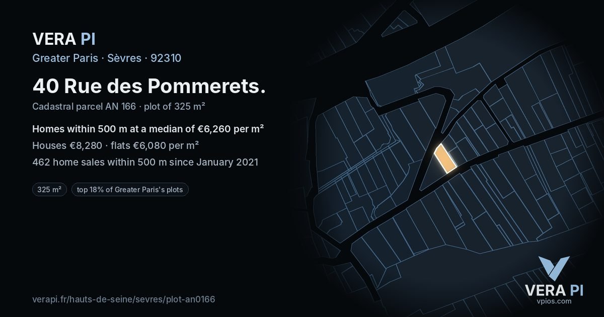 40 Rue des Pommerets, Sèvres at night – the plot lit, the parcels around coloured by the prices near them
