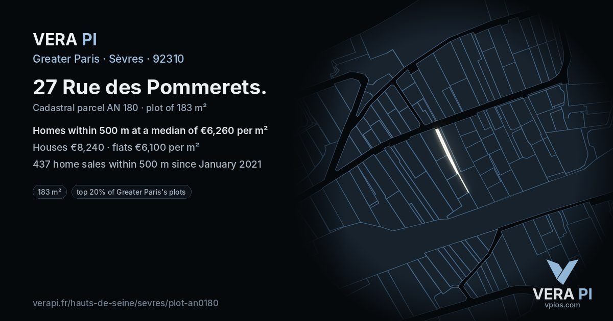 27 Rue des Pommerets, Sèvres at night – the plot lit, the parcels around coloured by the prices near them