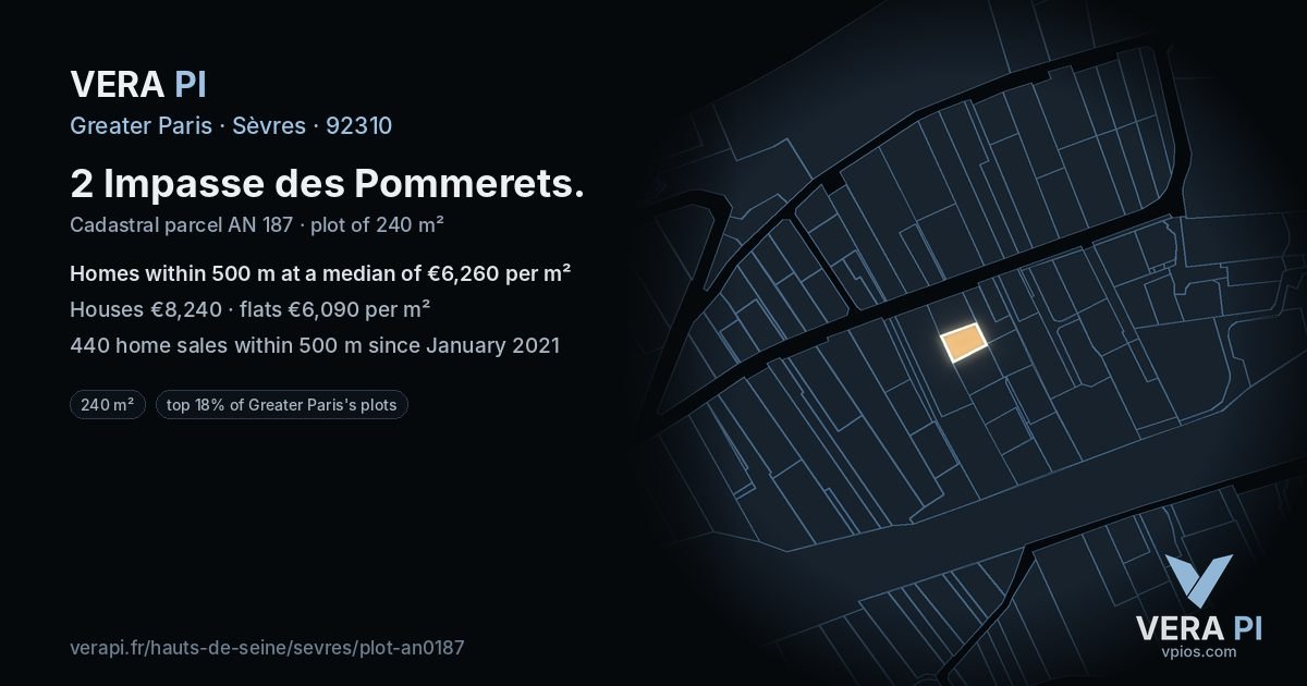 2 Impasse des Pommerets, Sèvres at night – the plot lit, the parcels around coloured by the prices near them