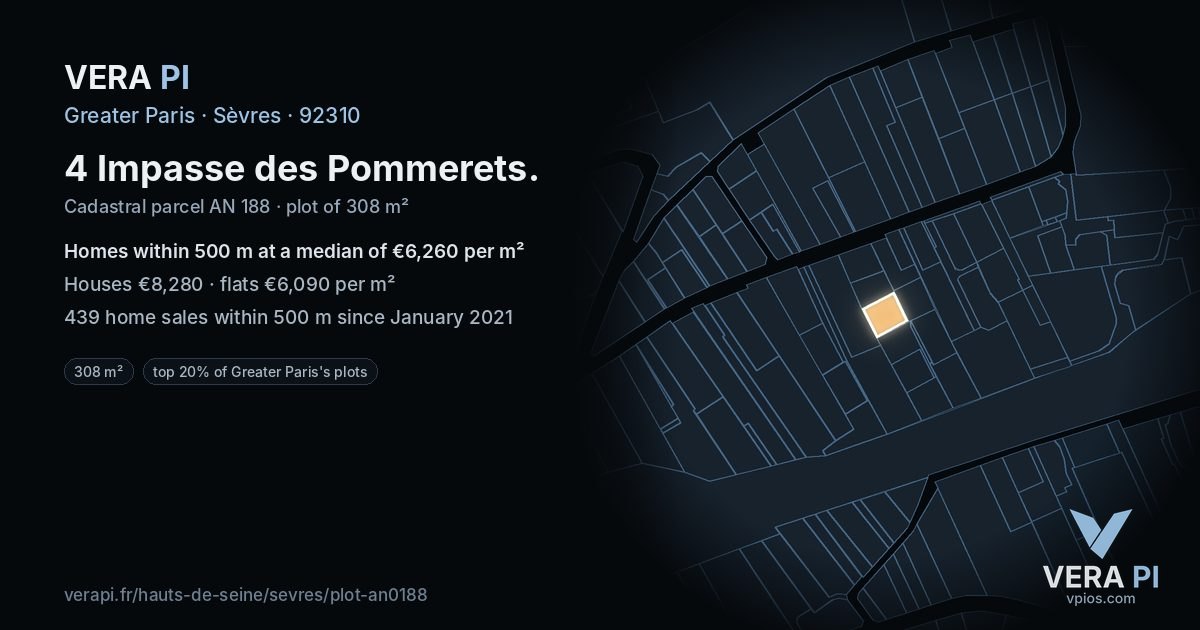 4 Impasse des Pommerets, Sèvres at night – the plot lit, the parcels around coloured by the prices near them