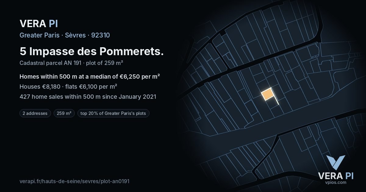 5 Impasse des Pommerets, Sèvres at night – the plot lit, the parcels around coloured by the prices near them
