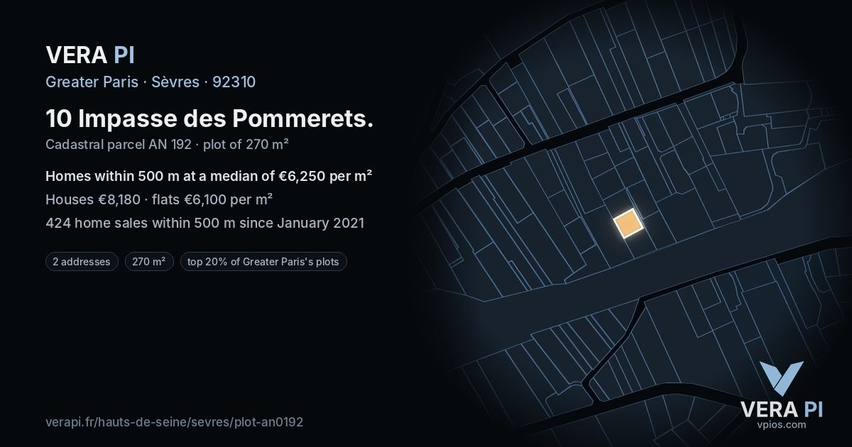 10 Impasse des Pommerets, Sèvres at night – the plot lit, the parcels around coloured by the prices near them