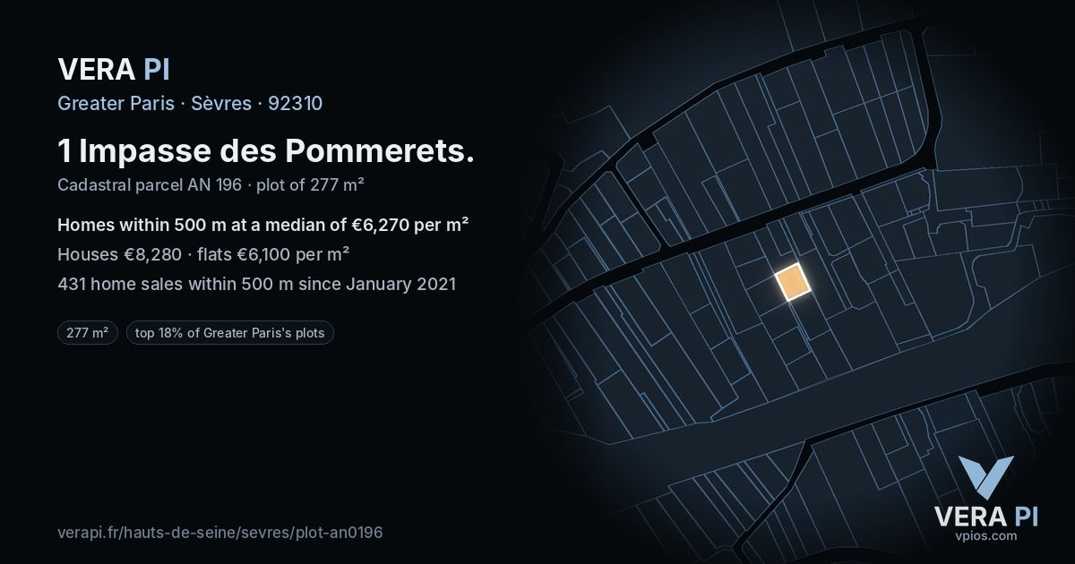 1 Impasse des Pommerets, Sèvres at night – the plot lit, the parcels around coloured by the prices near them