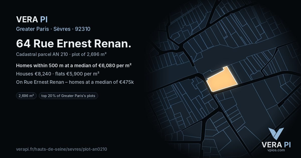 64 Rue Ernest Renan, Sèvres at night – the plot lit, the parcels around coloured by the prices near them