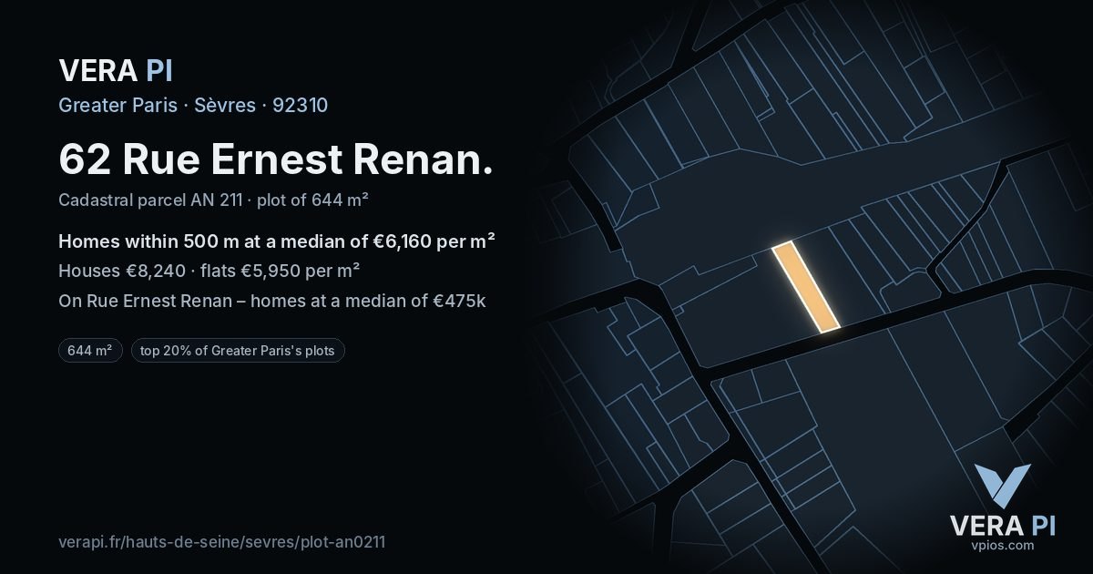 62 Rue Ernest Renan, Sèvres at night – the plot lit, the parcels around coloured by the prices near them