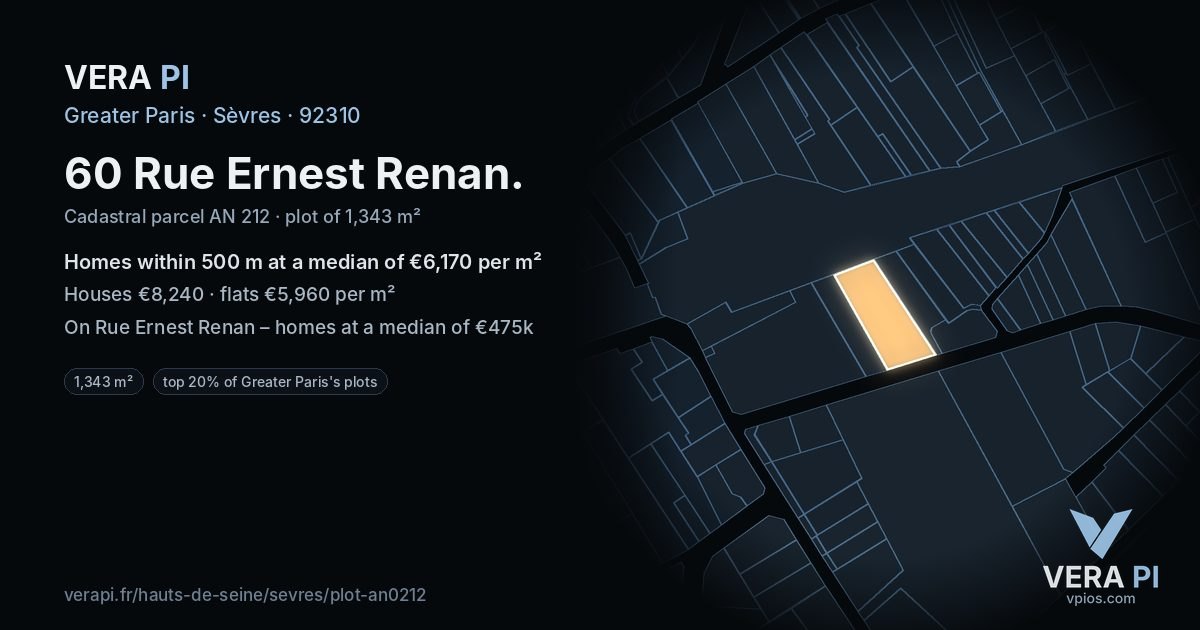 60 Rue Ernest Renan, Sèvres at night – the plot lit, the parcels around coloured by the prices near them