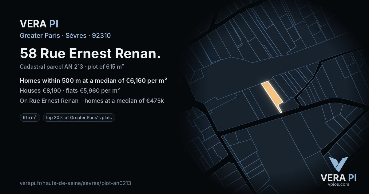 58 Rue Ernest Renan, Sèvres at night – the plot lit, the parcels around coloured by the prices near them