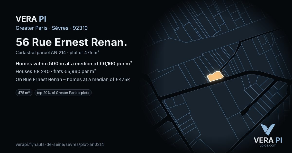 56 Rue Ernest Renan, Sèvres at night – the plot lit, the parcels around coloured by the prices near them
