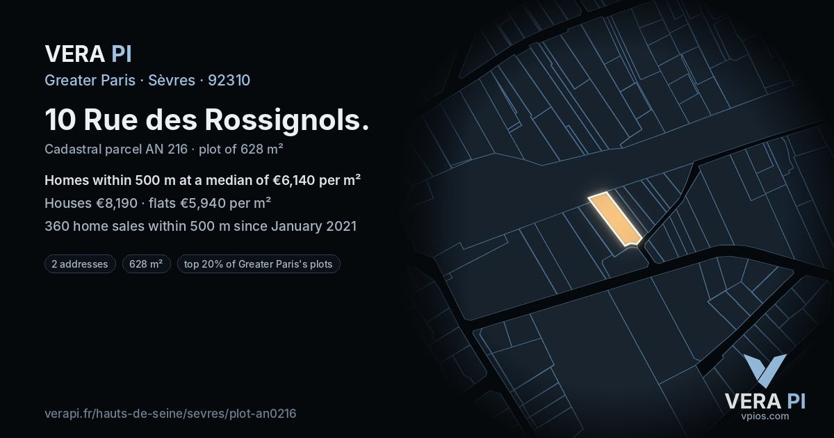 10 Rue des Rossignols, Sèvres at night – the plot lit, the parcels around coloured by the prices near them