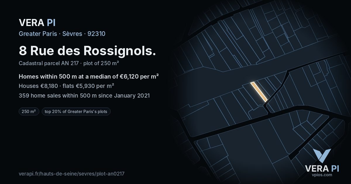 8 Rue des Rossignols, Sèvres at night – the plot lit, the parcels around coloured by the prices near them
