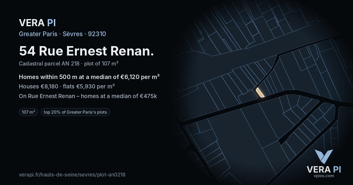 54 Rue Ernest Renan, Sèvres at night – the plot lit, the parcels around coloured by the prices near them