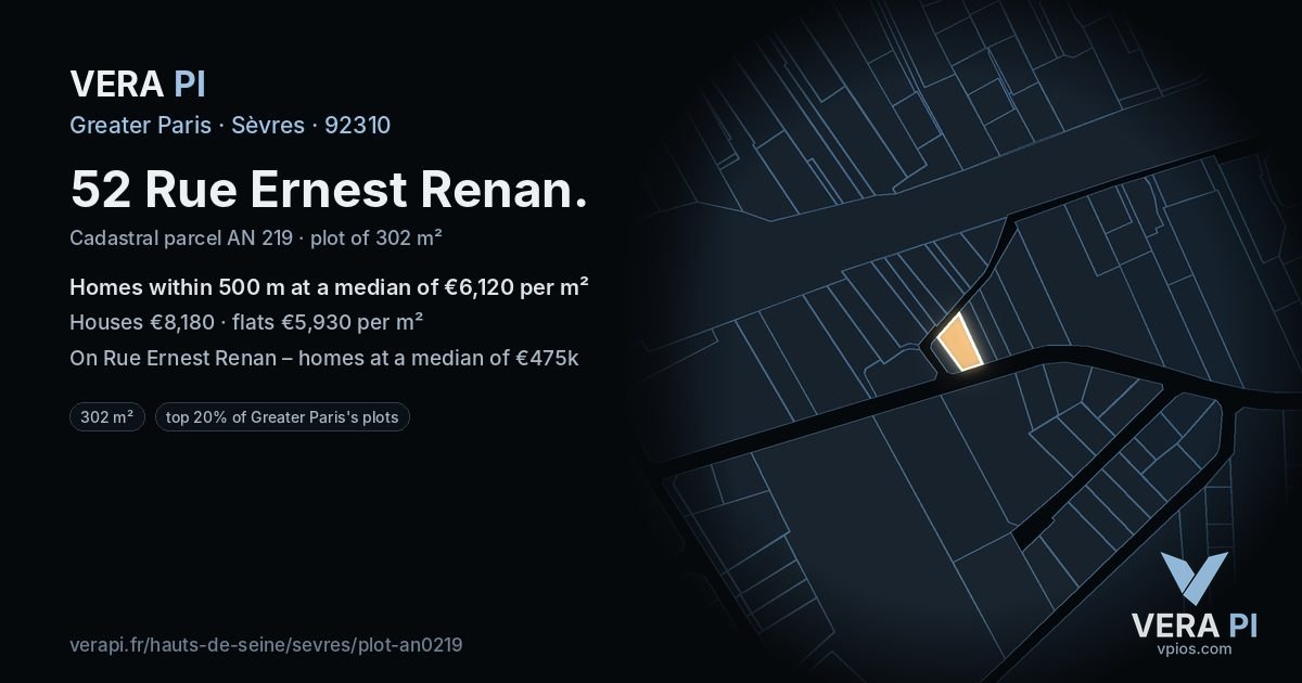 52 Rue Ernest Renan, Sèvres at night – the plot lit, the parcels around coloured by the prices near them