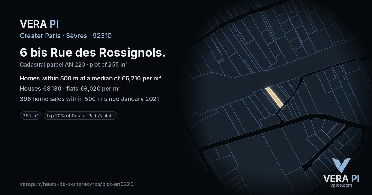 6 bis Rue des Rossignols, Sèvres at night – the plot lit, the parcels around coloured by the prices near them