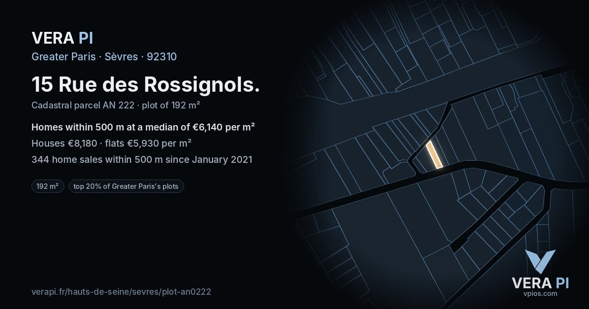 15 Rue des Rossignols, Sèvres at night – the plot lit, the parcels around coloured by the prices near them