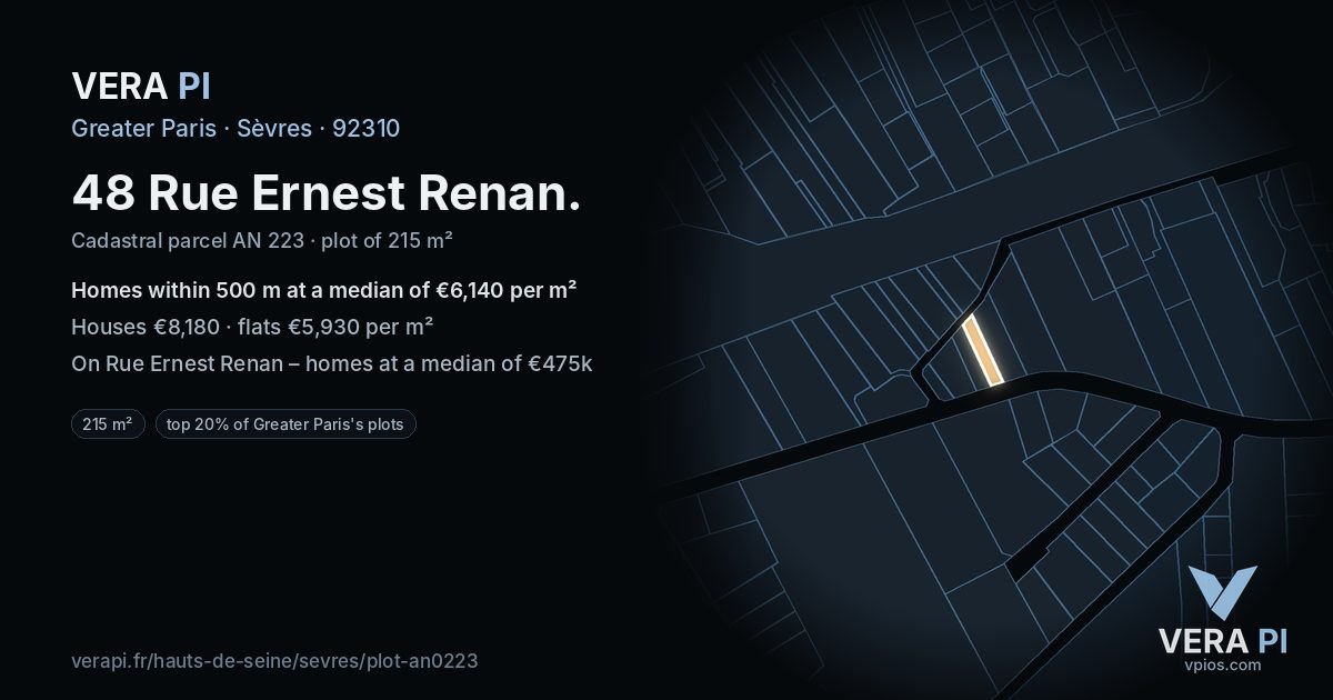 48 Rue Ernest Renan, Sèvres at night – the plot lit, the parcels around coloured by the prices near them