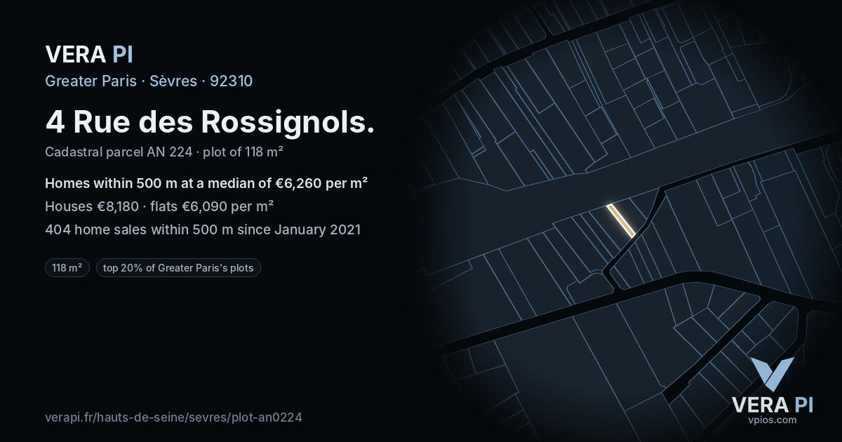 4 Rue des Rossignols, Sèvres at night – the plot lit, the parcels around coloured by the prices near them