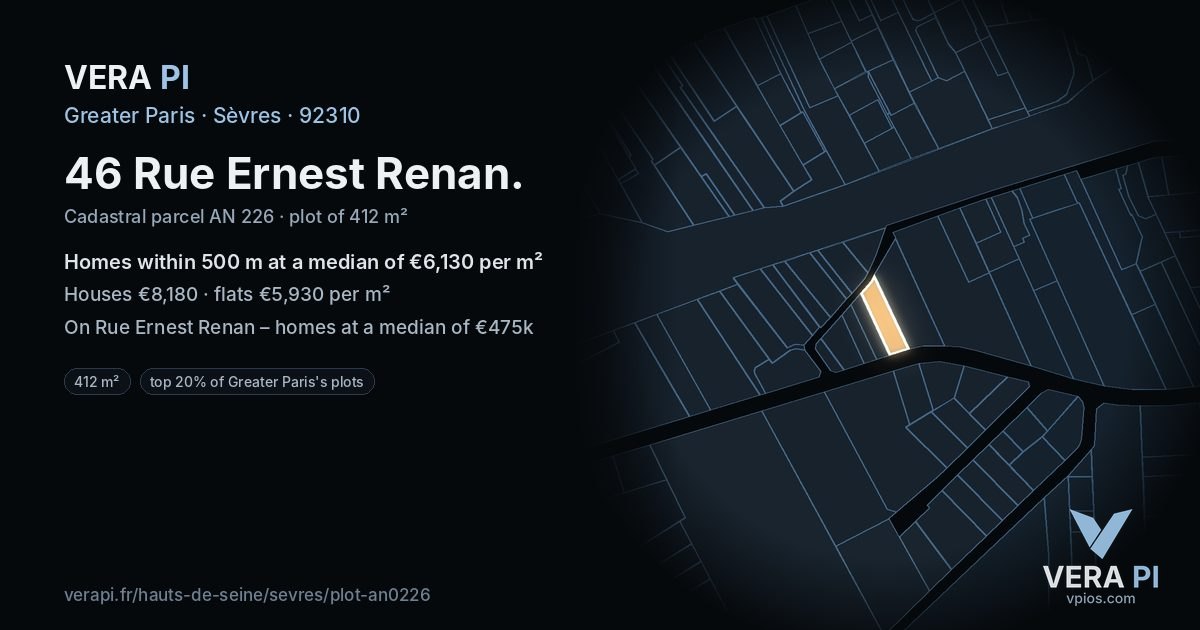 46 Rue Ernest Renan, Sèvres at night – the plot lit, the parcels around coloured by the prices near them