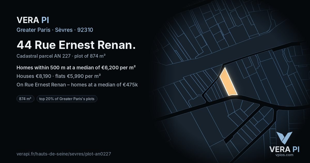 44 Rue Ernest Renan, Sèvres at night – the plot lit, the parcels around coloured by the prices near them