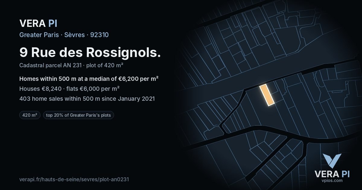 9 Rue des Rossignols, Sèvres at night – the plot lit, the parcels around coloured by the prices near them