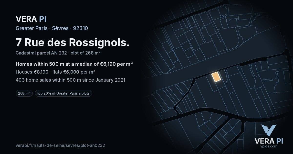 7 Rue des Rossignols, Sèvres at night – the plot lit, the parcels around coloured by the prices near them