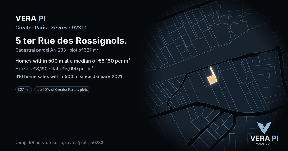 5 ter Rue des Rossignols, Sèvres at night – the plot lit, the parcels around coloured by the prices near them