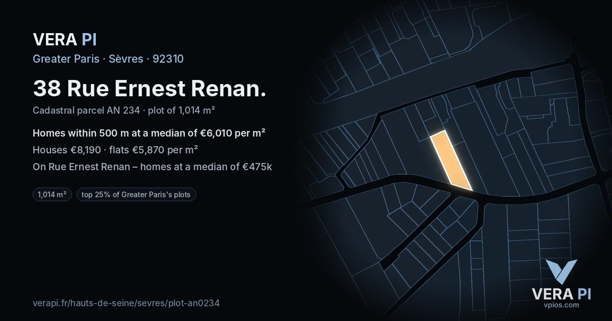38 Rue Ernest Renan, Sèvres at night – the plot lit, the parcels around coloured by the prices near them