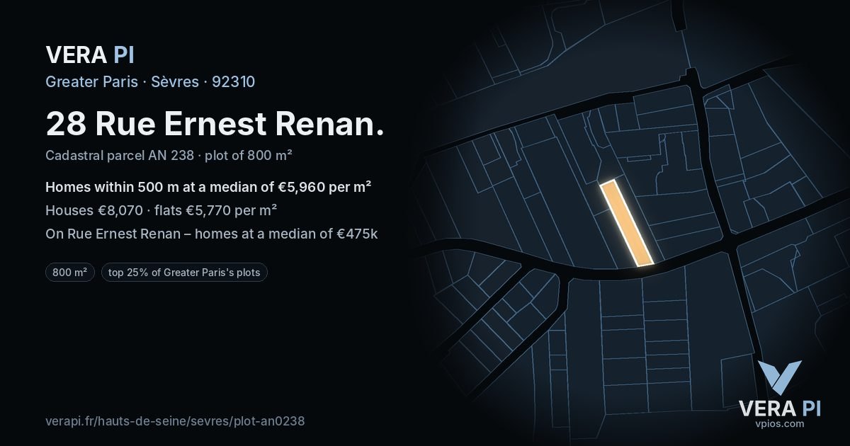 28 Rue Ernest Renan, Sèvres at night – the plot lit, the parcels around coloured by the prices near them
