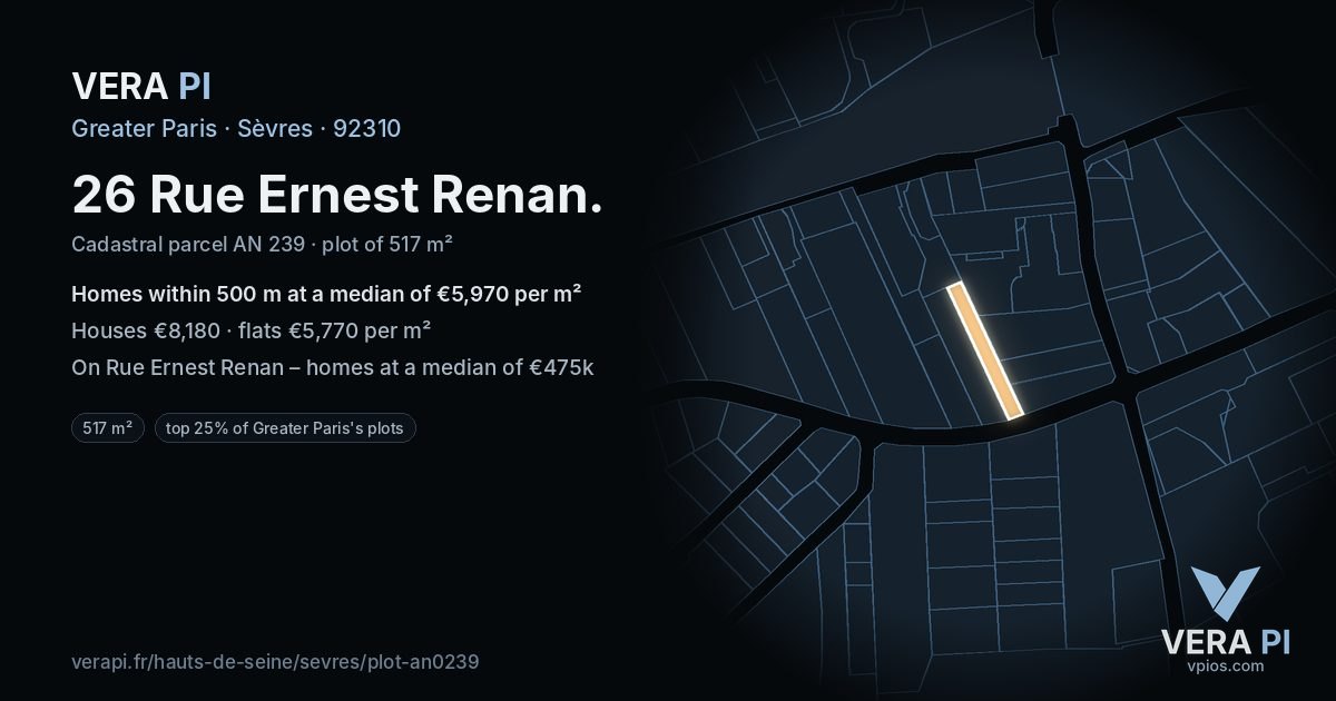 26 Rue Ernest Renan, Sèvres at night – the plot lit, the parcels around coloured by the prices near them