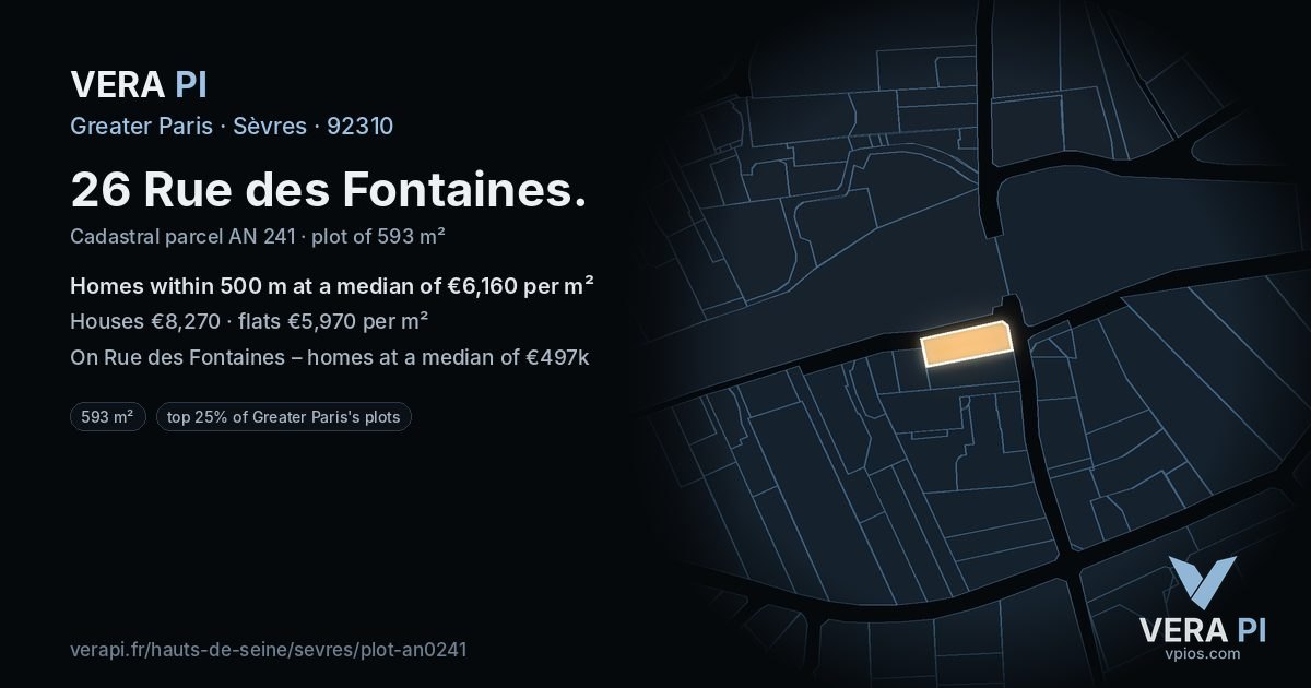26 Rue des Fontaines, Sèvres at night – the plot lit, the parcels around coloured by the prices near them