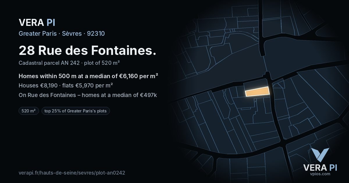 28 Rue des Fontaines, Sèvres at night – the plot lit, the parcels around coloured by the prices near them