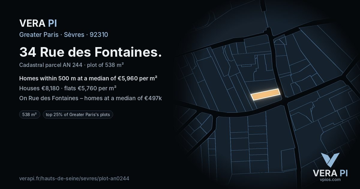 34 Rue des Fontaines, Sèvres at night – the plot lit, the parcels around coloured by the prices near them