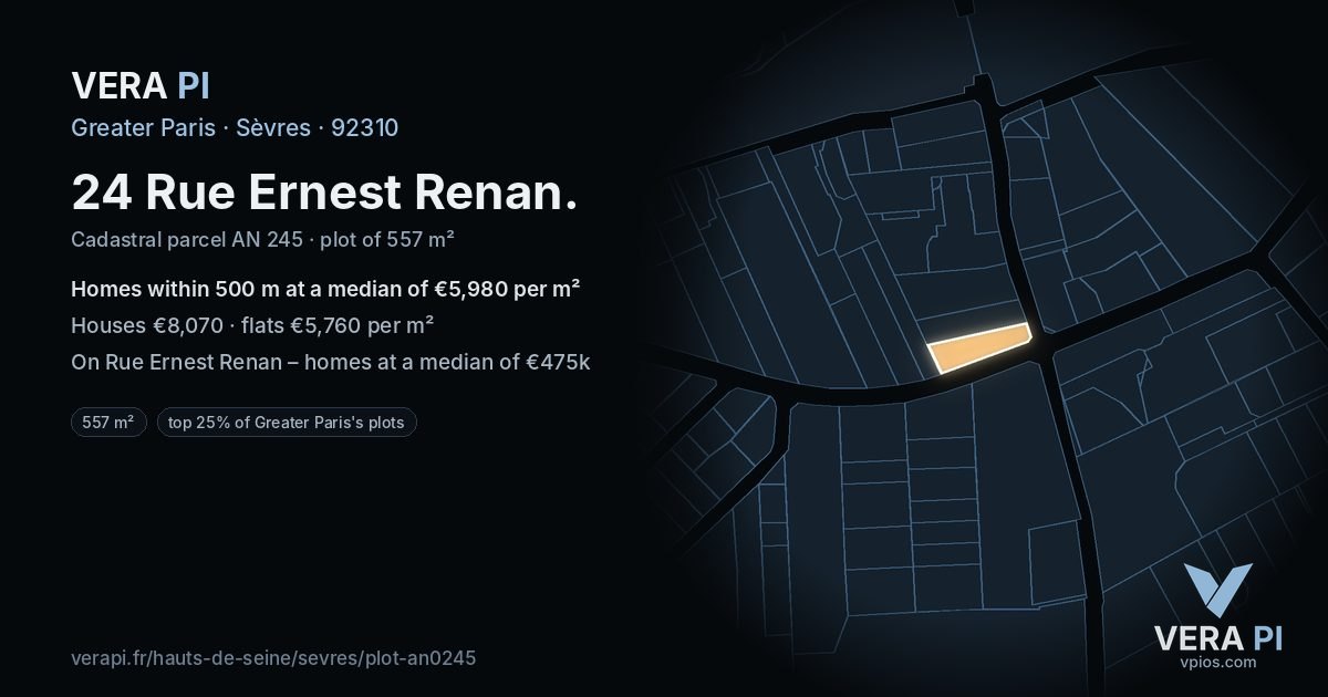 24 Rue Ernest Renan, Sèvres at night – the plot lit, the parcels around coloured by the prices near them