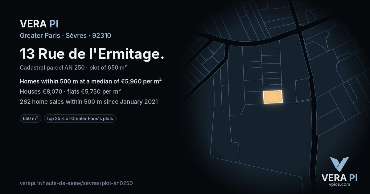 13 Rue de l'Ermitage, Sèvres at night – the plot lit, the parcels around coloured by the prices near them