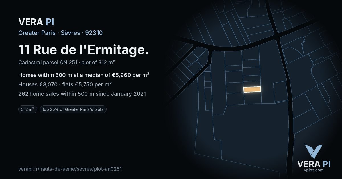11 Rue de l'Ermitage, Sèvres at night – the plot lit, the parcels around coloured by the prices near them