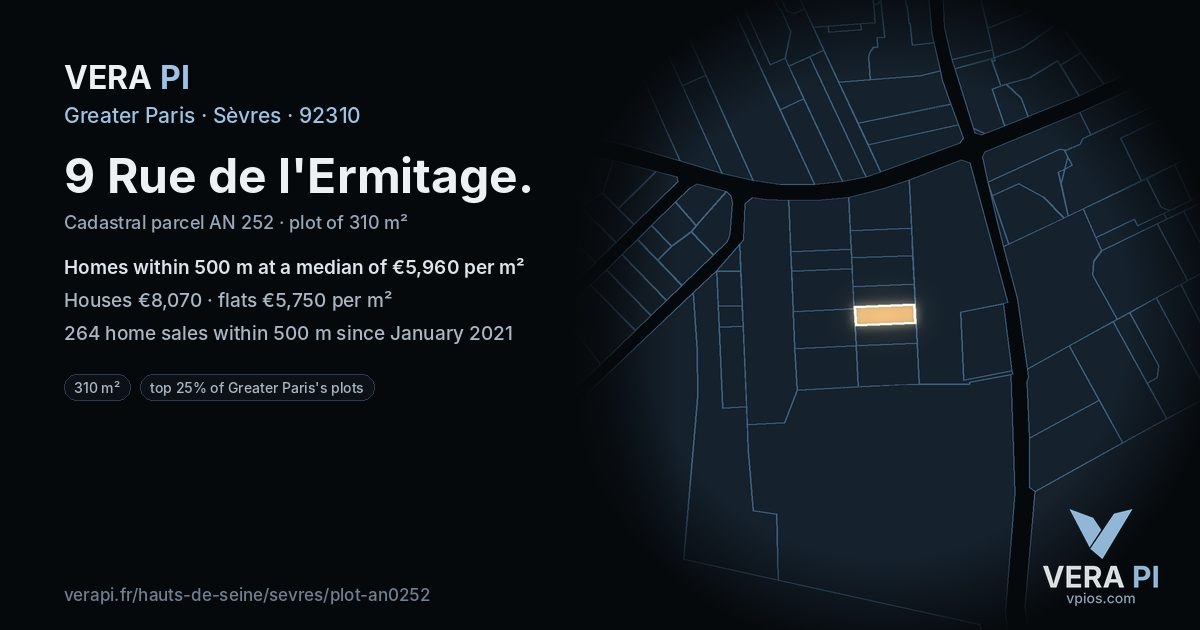 9 Rue de l'Ermitage, Sèvres at night – the plot lit, the parcels around coloured by the prices near them