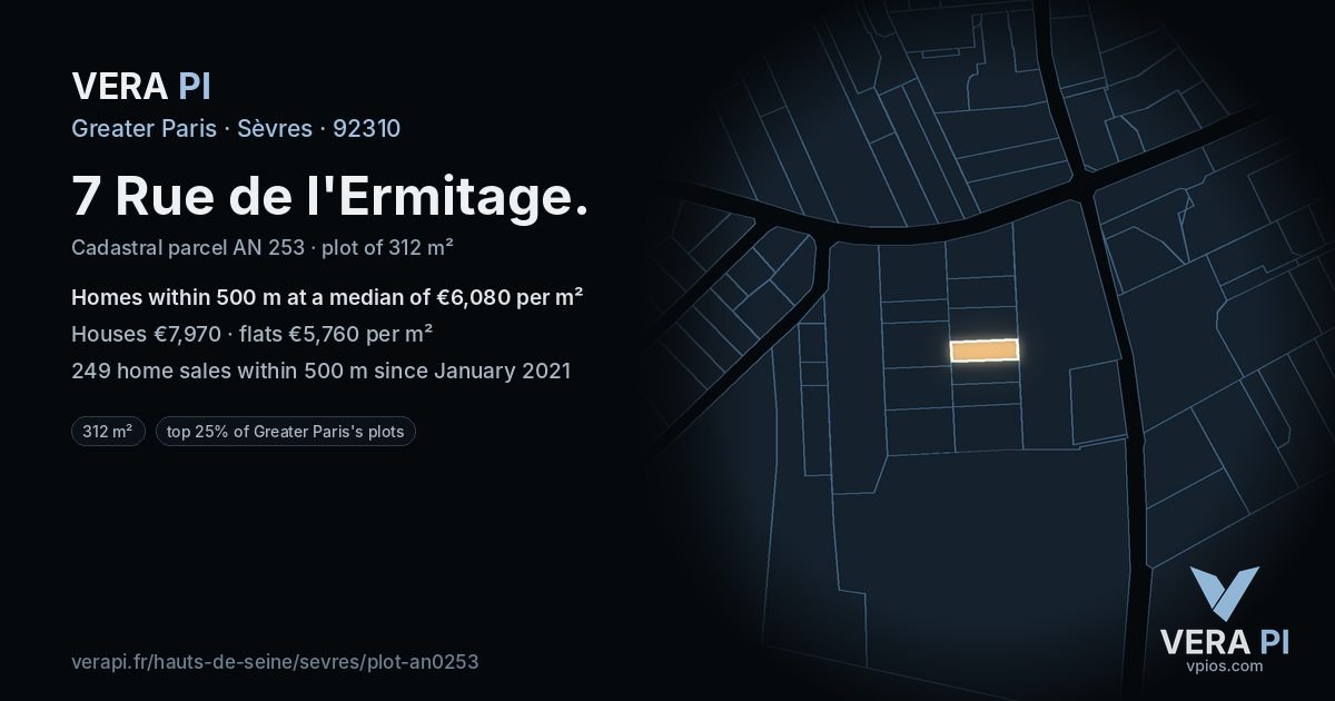 7 Rue de l'Ermitage, Sèvres at night – the plot lit, the parcels around coloured by the prices near them