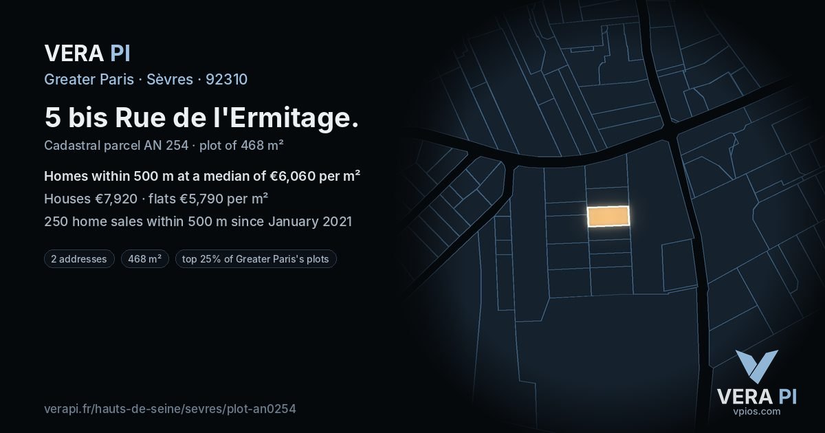 5 bis Rue de l'Ermitage, Sèvres at night – the plot lit, the parcels around coloured by the prices near them