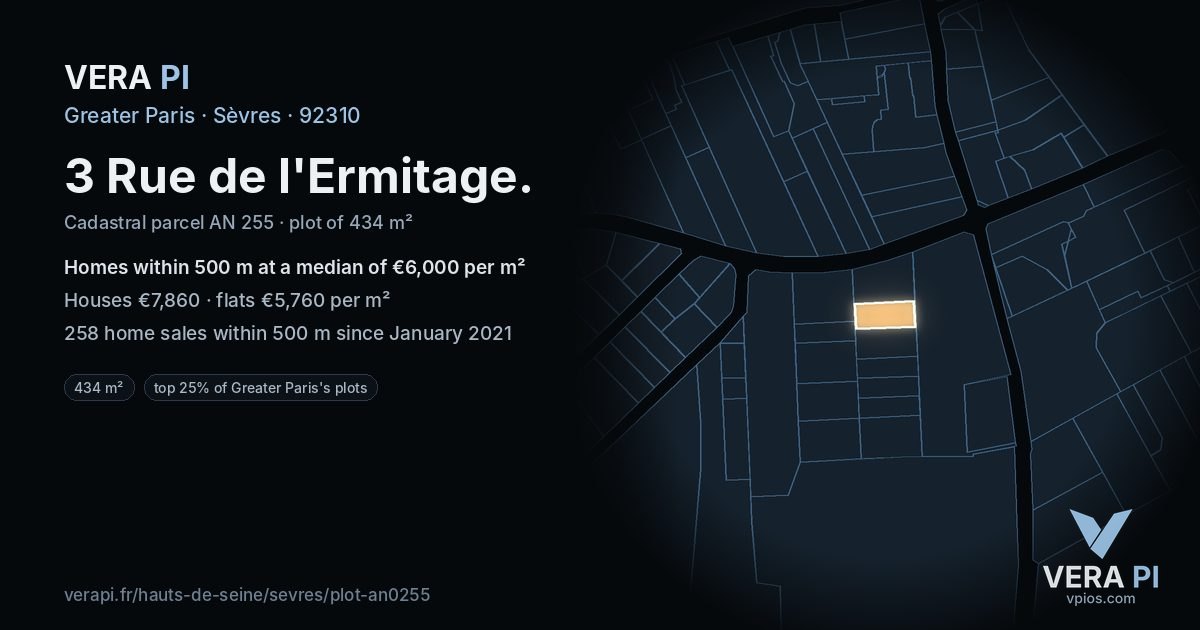 3 Rue de l'Ermitage, Sèvres at night – the plot lit, the parcels around coloured by the prices near them