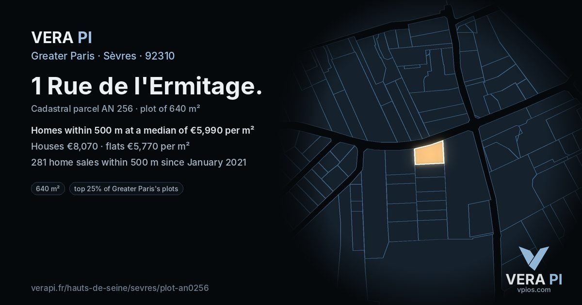 1 Rue de l'Ermitage, Sèvres at night – the plot lit, the parcels around coloured by the prices near them