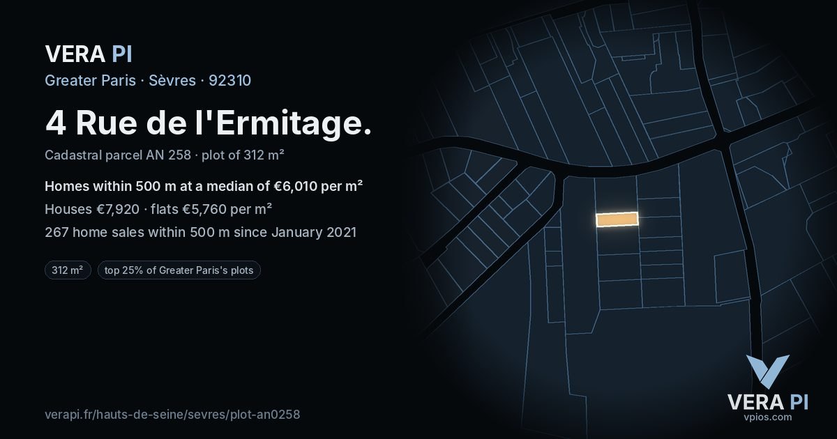 4 Rue de l'Ermitage, Sèvres at night – the plot lit, the parcels around coloured by the prices near them