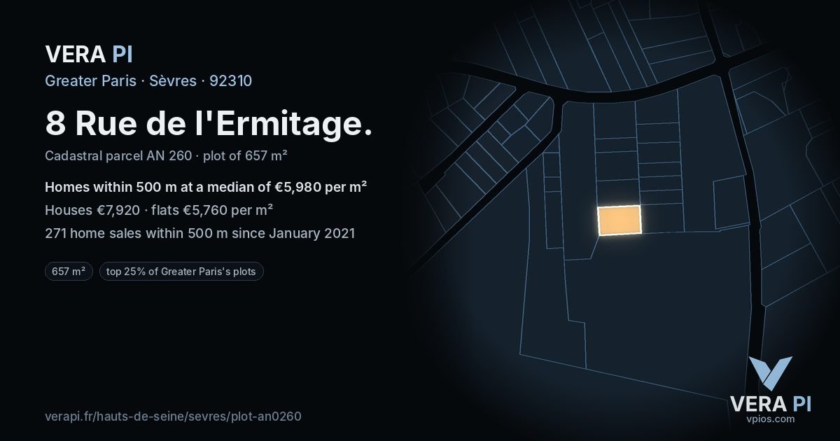 8 Rue de l'Ermitage, Sèvres at night – the plot lit, the parcels around coloured by the prices near them