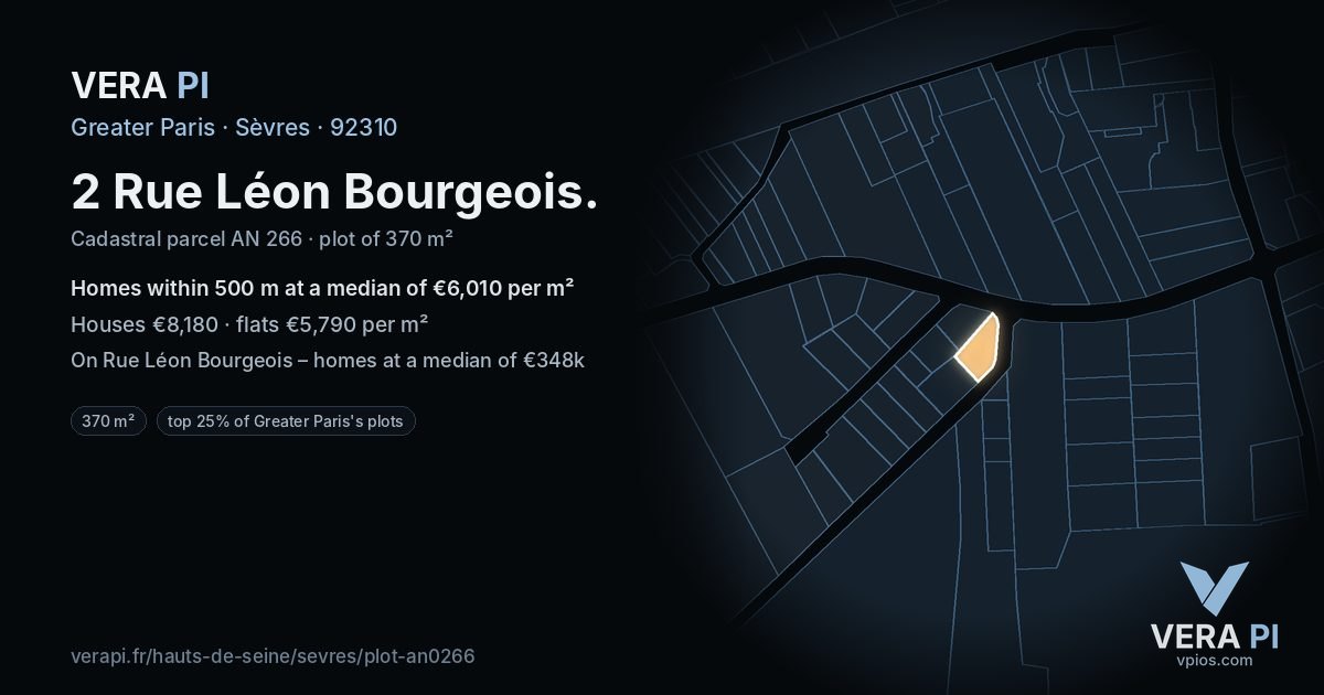 2 Rue Léon Bourgeois, Sèvres at night – the plot lit, the parcels around coloured by the prices near them