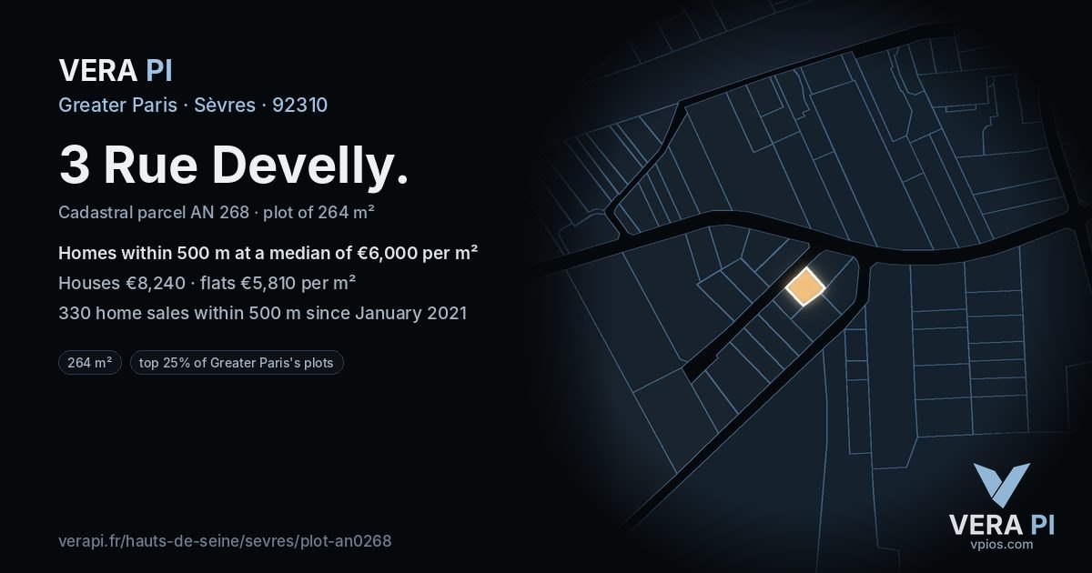 3 Rue Develly, Sèvres at night – the plot lit, the parcels around coloured by the prices near them