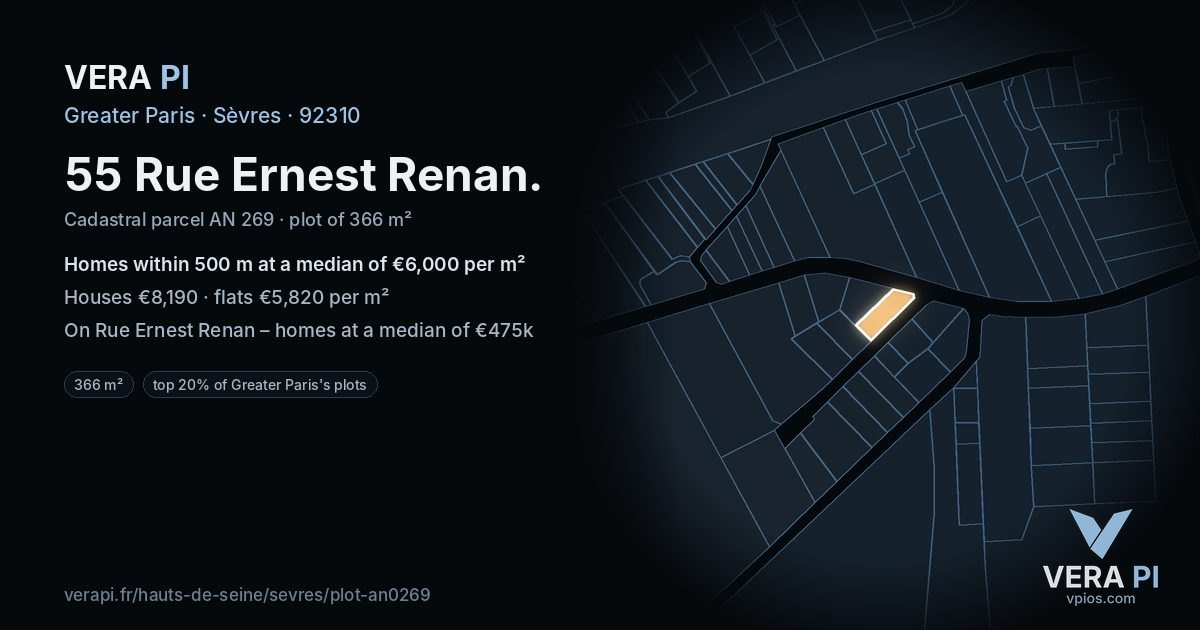 55 Rue Ernest Renan, Sèvres at night – the plot lit, the parcels around coloured by the prices near them