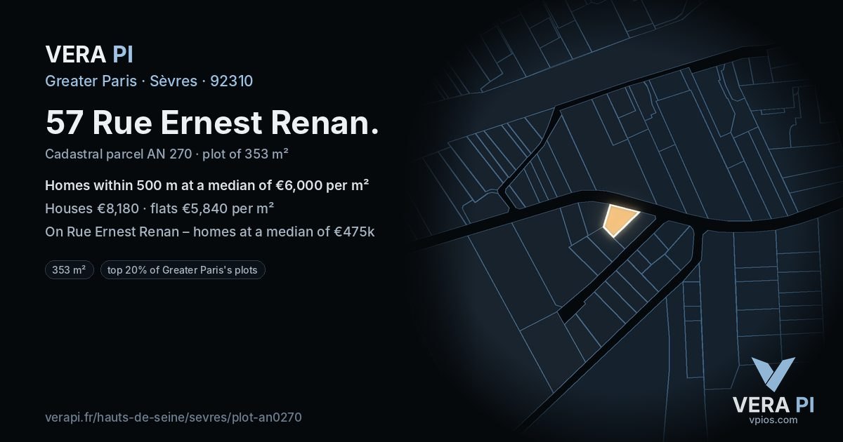 57 Rue Ernest Renan, Sèvres at night – the plot lit, the parcels around coloured by the prices near them